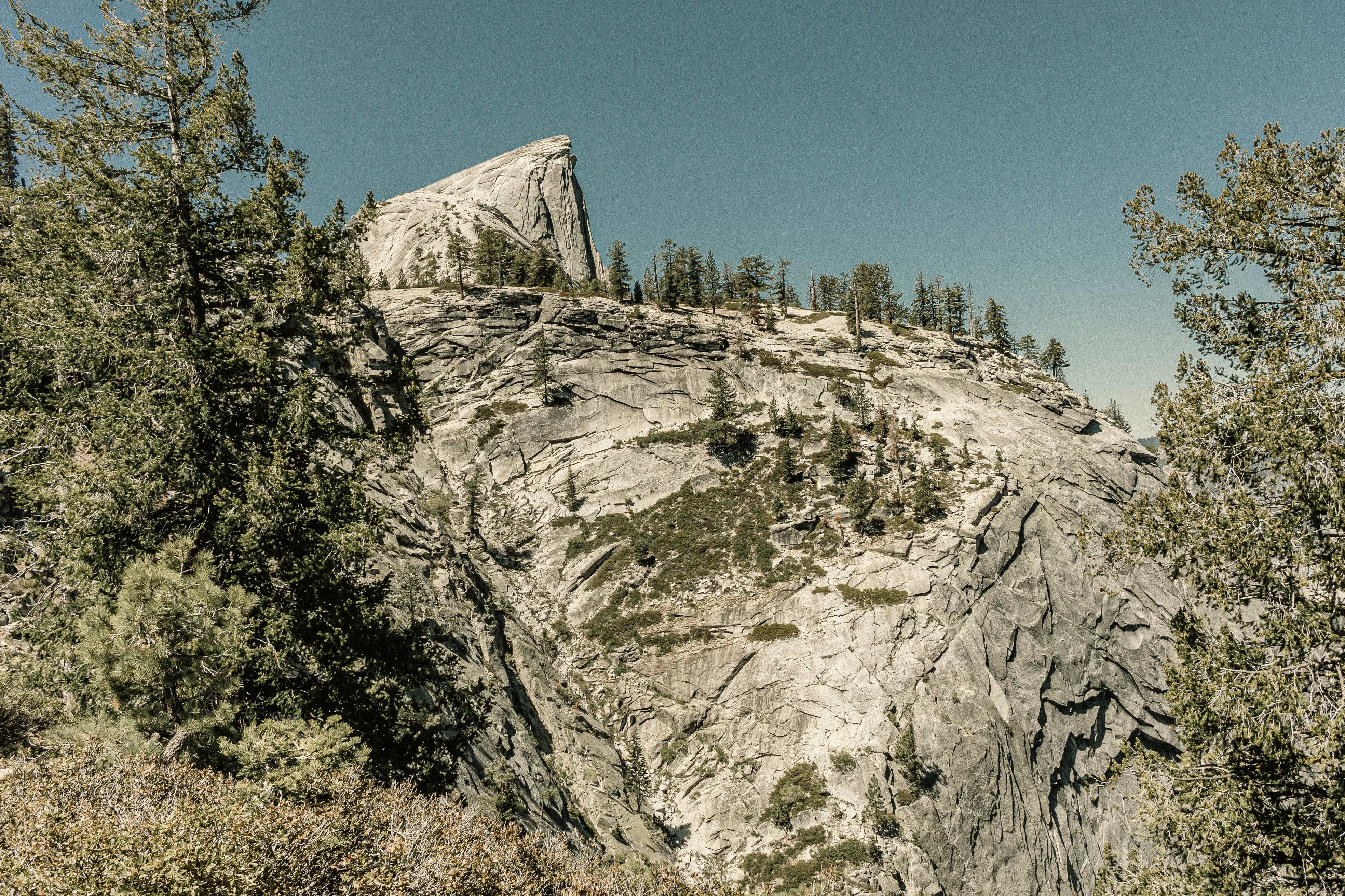 The granite face of Half Dome rising over Yosemite Valley, California.